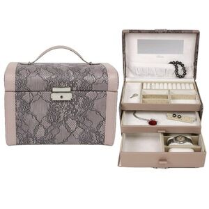 Jewelry Case, Large 3 Tier, Locking, Soft Pink and Black Lace